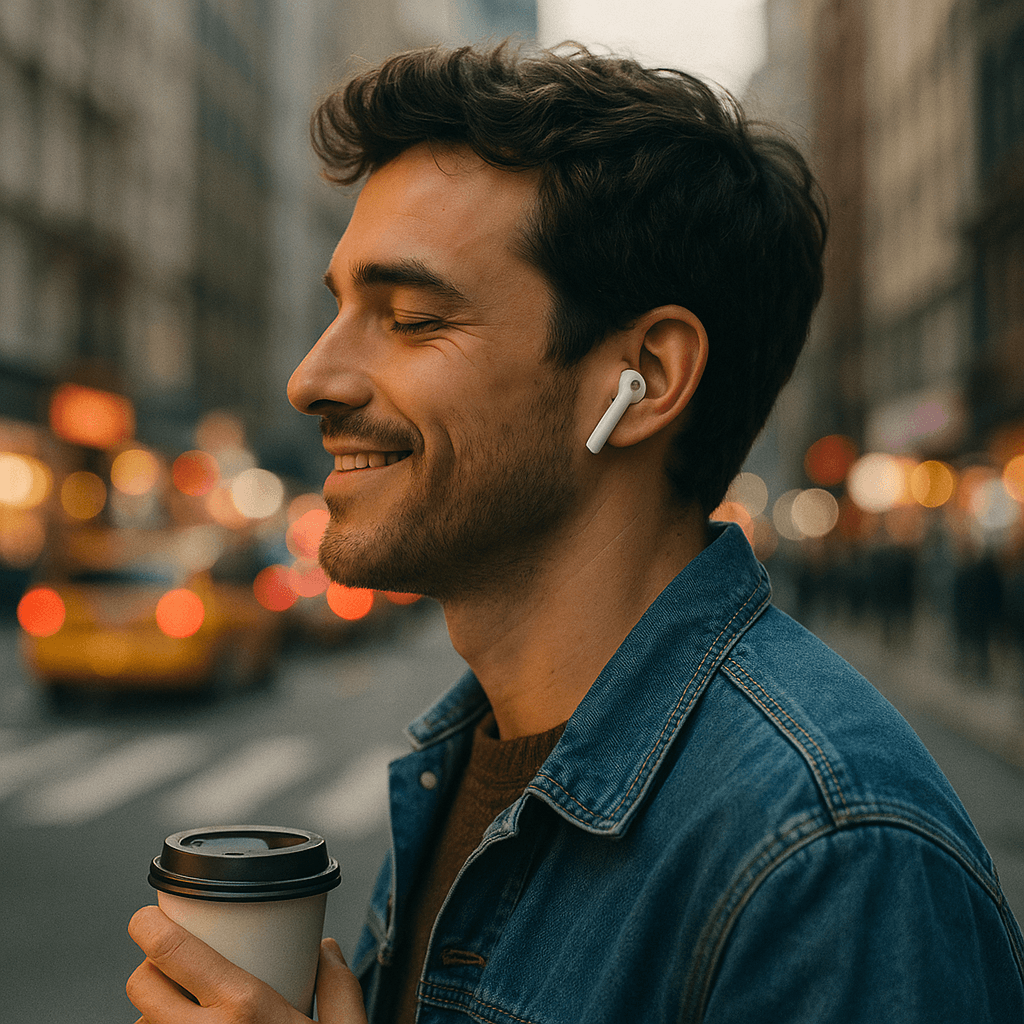 A man listening to Dwell with AirPods while walking in the city