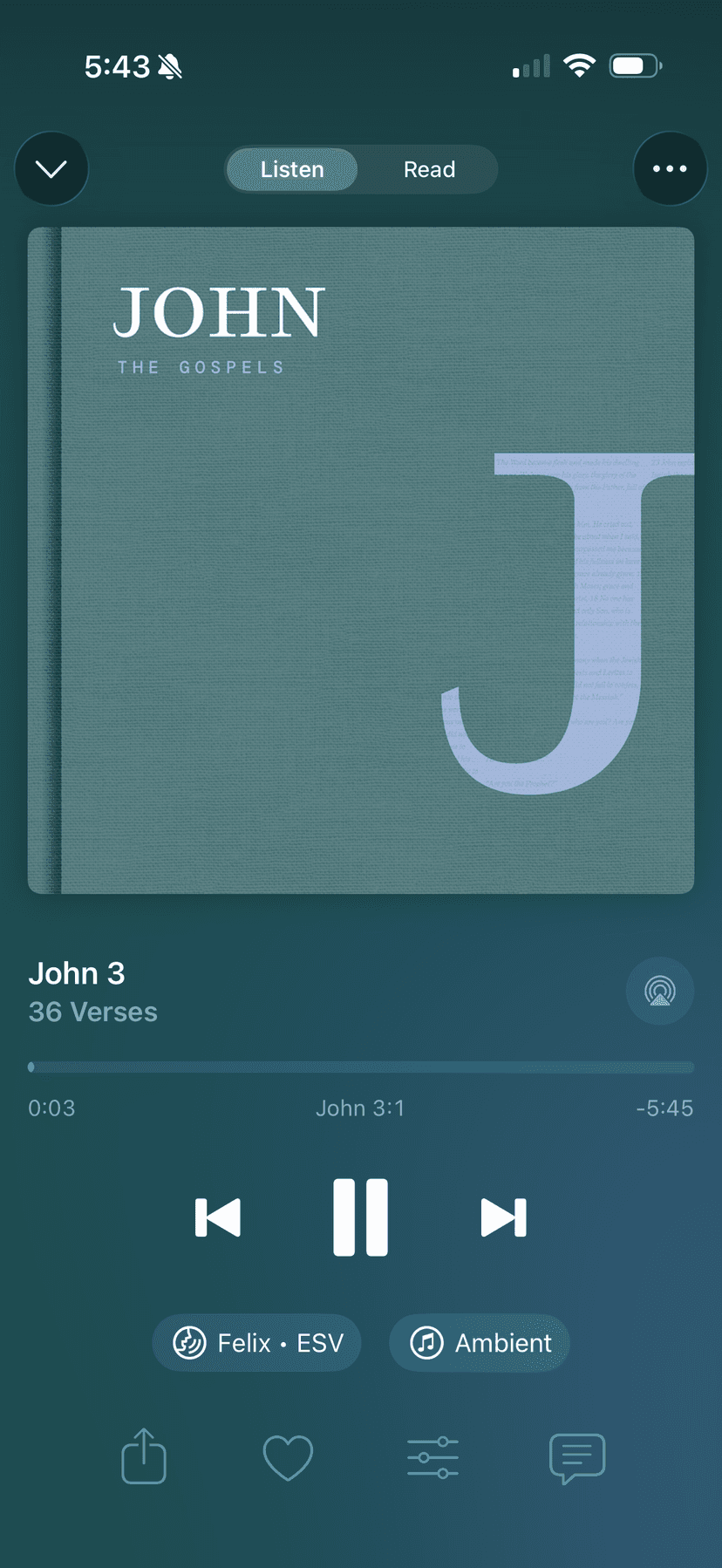Gospel of John playing in Dwell with Felix voice and ESV translation