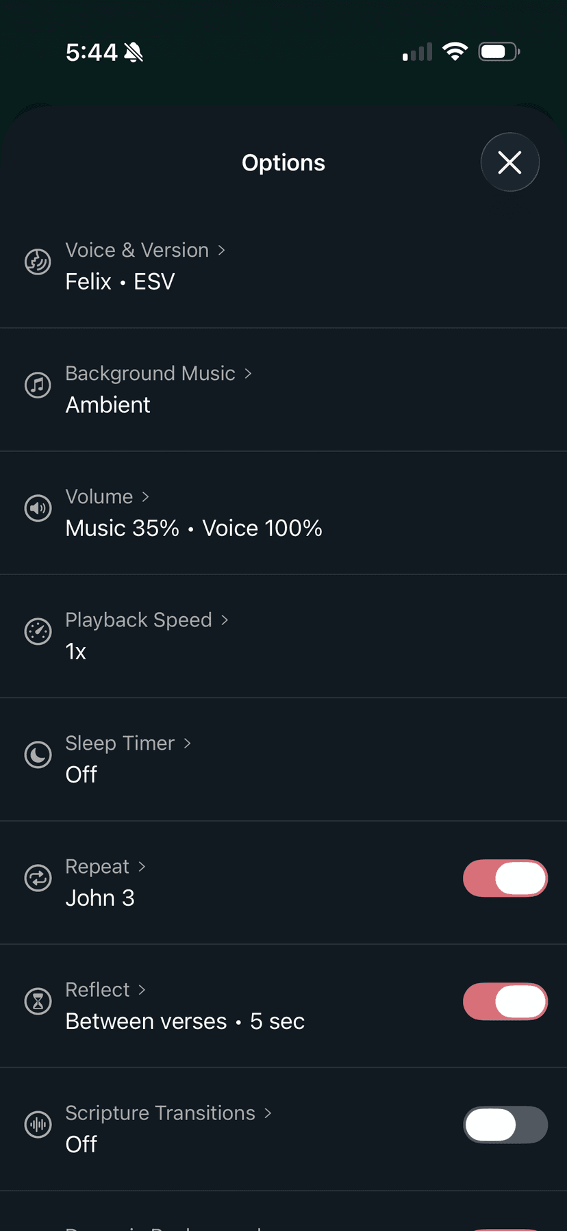 Dwell listening options showing voice, music, speed, and repeat settings